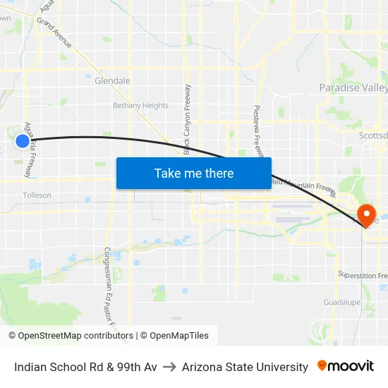 Indian School Rd & 99th Av to Arizona State University map