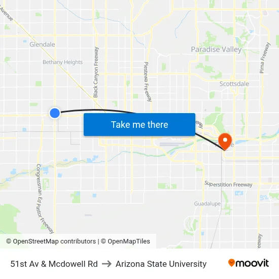 51st Av & Mcdowell Rd to Arizona State University map