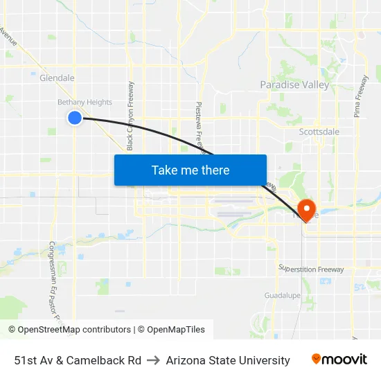 51st Av & Camelback Rd to Arizona State University map