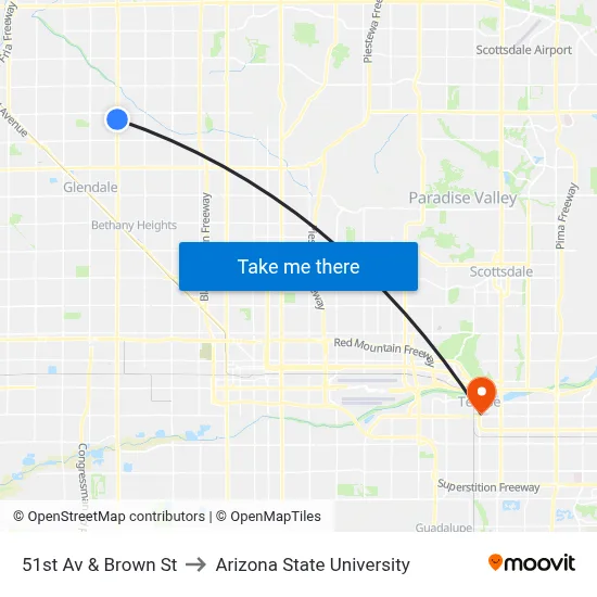 51st Av & Brown St to Arizona State University map