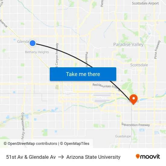 51st Av & Glendale Av to Arizona State University map