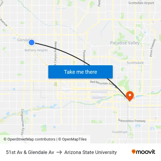 51st Av & Glendale Av to Arizona State University map