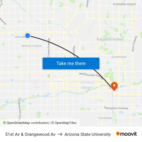 51st Av & Orangewood Av to Arizona State University map