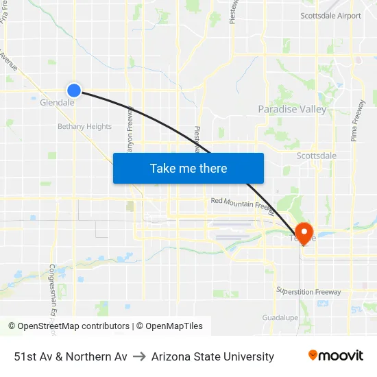 51st Av & Northern Av to Arizona State University map