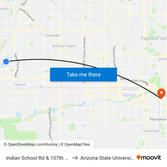 Indian School Rd & 107th Av to Arizona State University map