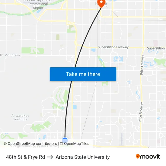 48th St & Frye Rd to Arizona State University map