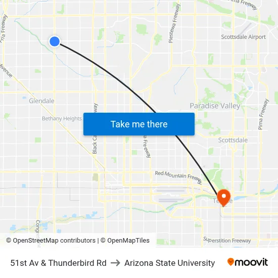 51st Av & Thunderbird Rd to Arizona State University map