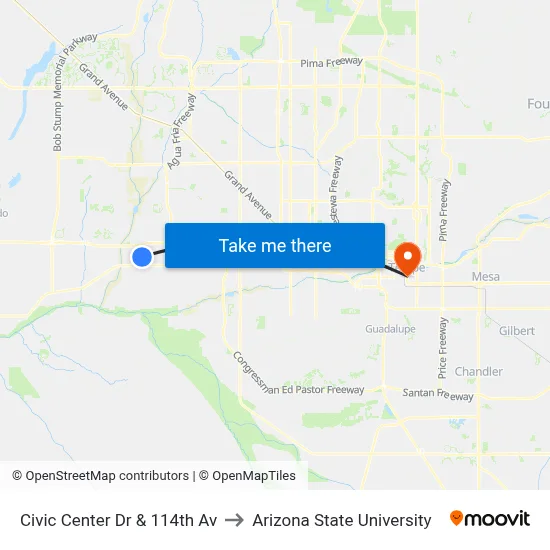 Civic Center Dr & 114th Av to Arizona State University map