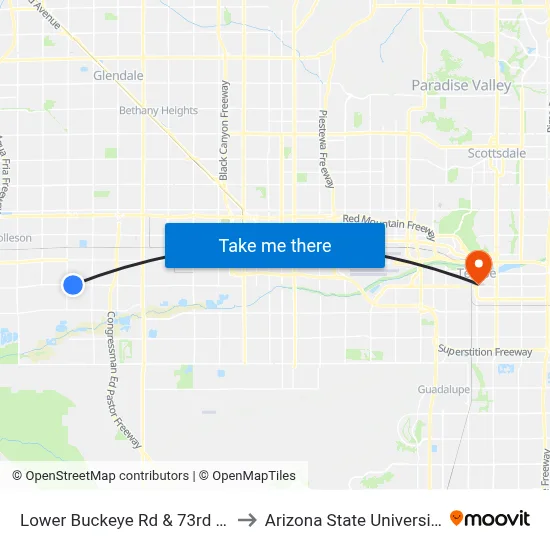 Lower Buckeye Rd & 73rd Dr to Arizona State University map