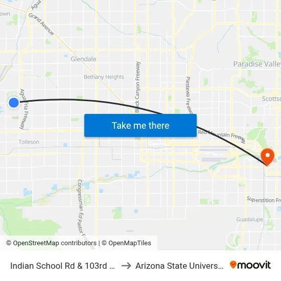 Indian School Rd & 103rd Av to Arizona State University map