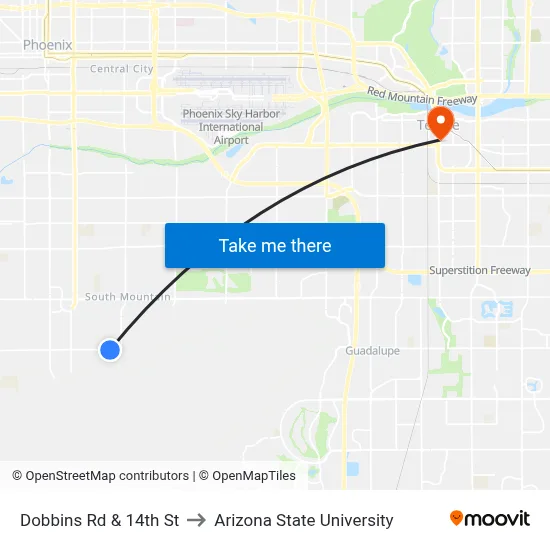 Dobbins Rd & 14th St to Arizona State University map