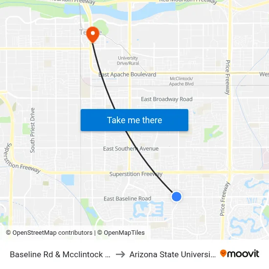 Baseline Rd & Mcclintock Dr to Arizona State University map