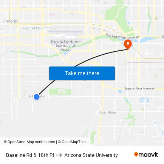 Baseline Rd & 18th Pl to Arizona State University map