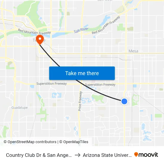 Country Club Dr & San Angelo St to Arizona State University map