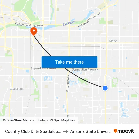 Country Club Dr & Guadalupe Rd to Arizona State University map