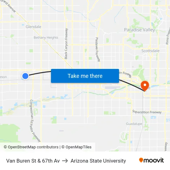 Van Buren St & 67th Av to Arizona State University map