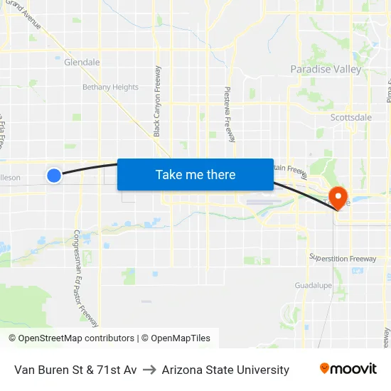 Van Buren St & 71st Av to Arizona State University map