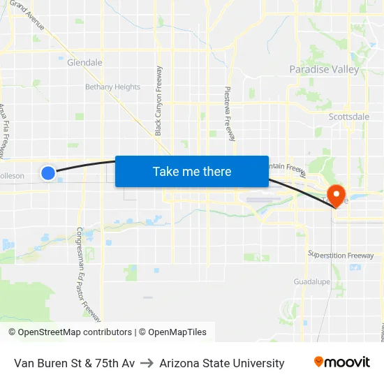 Van Buren St & 75th Av to Arizona State University map