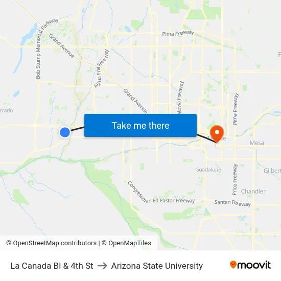 La Canada Bl & 4th St to Arizona State University map