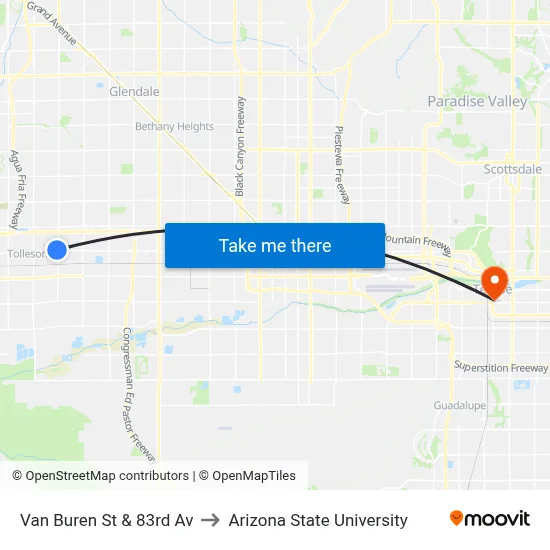 Van Buren St & 83rd Av to Arizona State University map