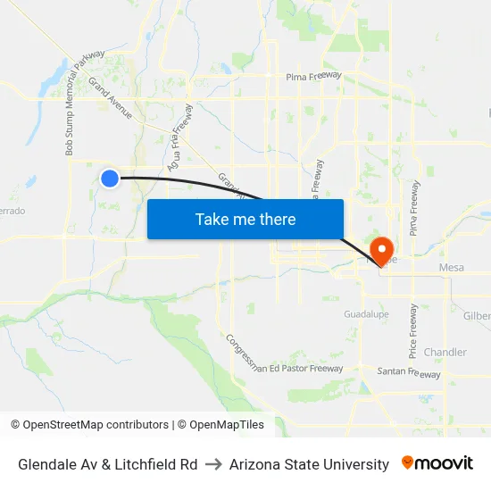 Glendale Av & Litchfield Rd to Arizona State University map