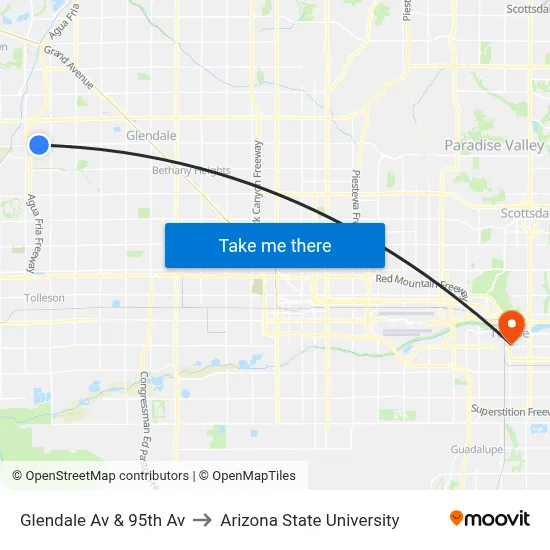 Glendale Av & 95th Av to Arizona State University map