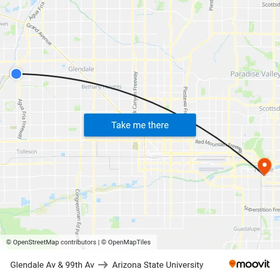 Glendale Av & 99th Av to Arizona State University map