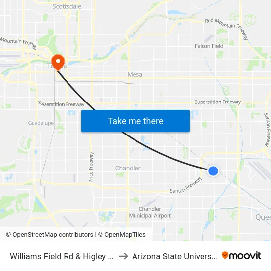 Williams Field Rd & Higley Rd to Arizona State University map
