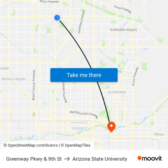 Greenway Pkwy & 9th St to Arizona State University map
