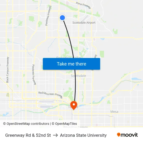Greenway Rd & 52nd St to Arizona State University map