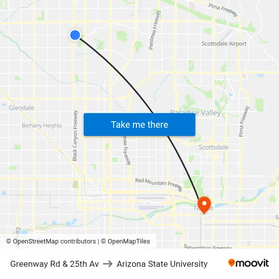 Greenway Rd & 25th Av to Arizona State University map
