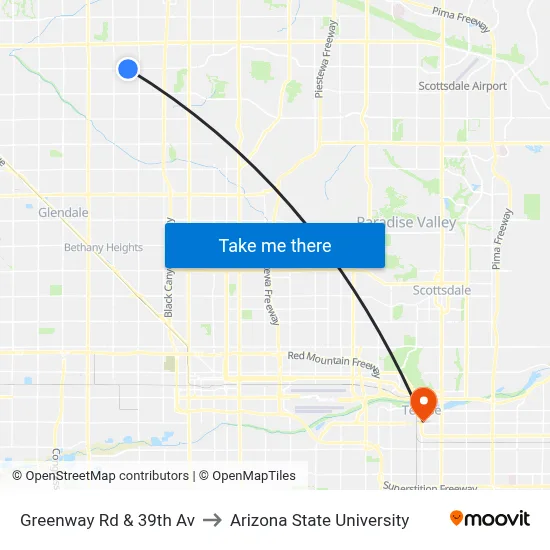 Greenway Rd & 39th Av to Arizona State University map