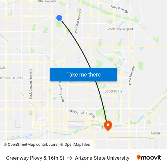 Greenway Pkwy & 16th St to Arizona State University map