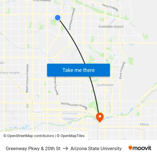Greenway Pkwy & 20th St to Arizona State University map