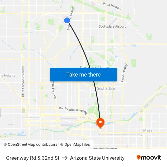 Greenway Rd & 32nd St to Arizona State University map