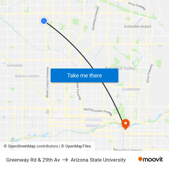 Greenway Rd & 29th Av to Arizona State University map