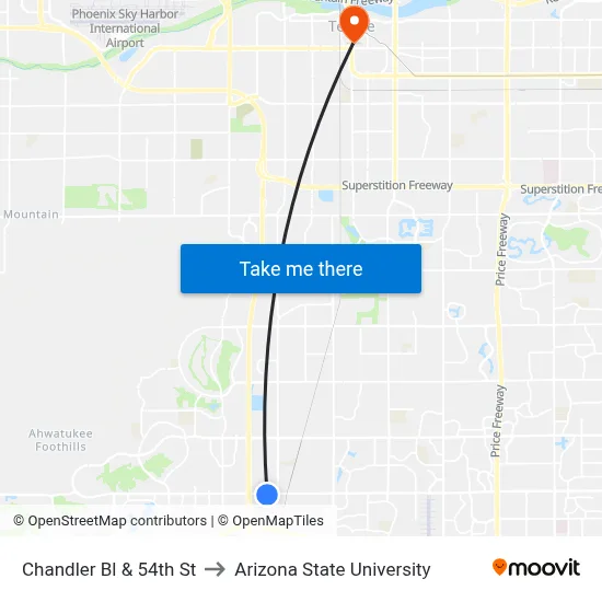 Chandler Bl & 54th St to Arizona State University map