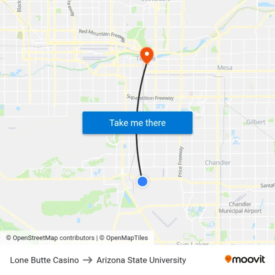 Lone Butte Casino to Arizona State University map
