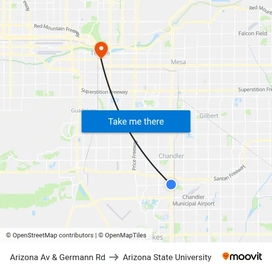 Arizona Av & Germann Rd to Arizona State University map