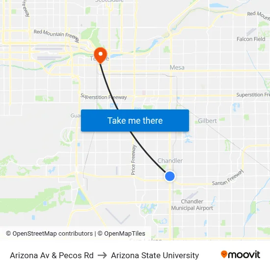 Arizona Av & Pecos Rd to Arizona State University map