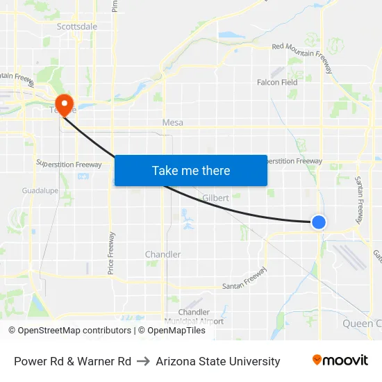 Power Rd & Warner Rd to Arizona State University map
