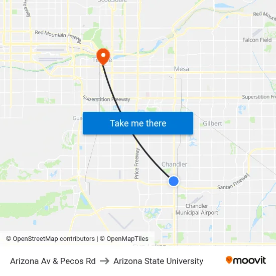 Arizona Av & Pecos Rd to Arizona State University map