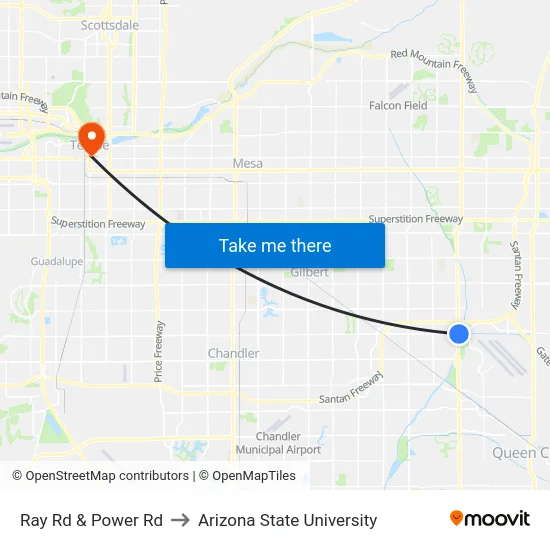 Ray Rd & Power Rd to Arizona State University map