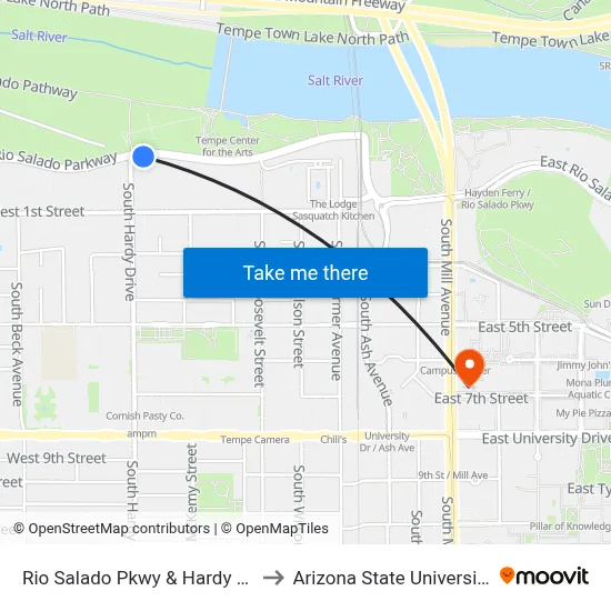 Rio Salado Pkwy & Hardy Dr to Arizona State University map