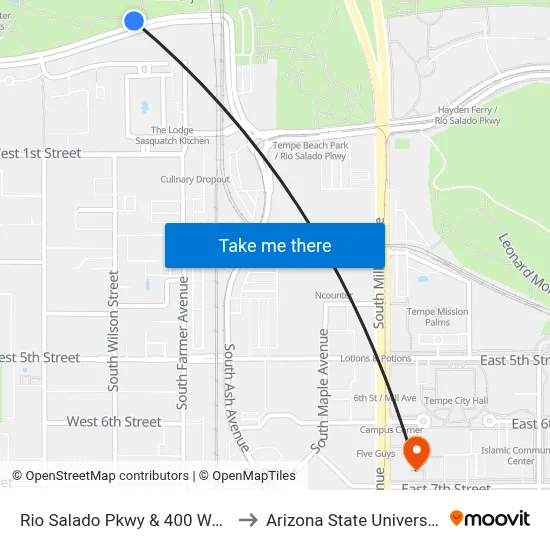 Rio Salado Pkwy & 400 West to Arizona State University map