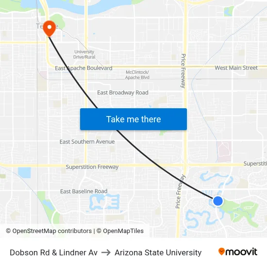 Dobson Rd & Lindner Av to Arizona State University map