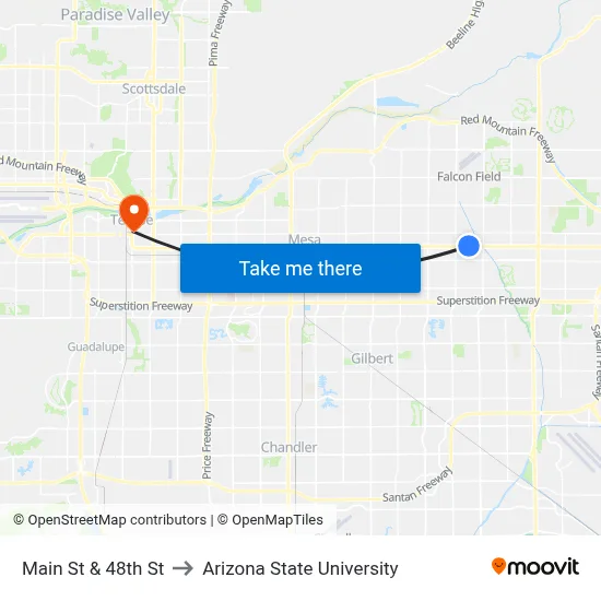 Main St & 48th St to Arizona State University map