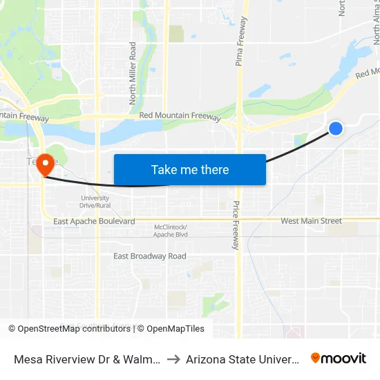 Mesa Riverview Dr & Walmart to Arizona State University map