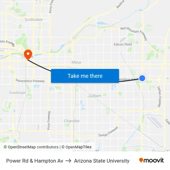 Power Rd & Hampton Av to Arizona State University map