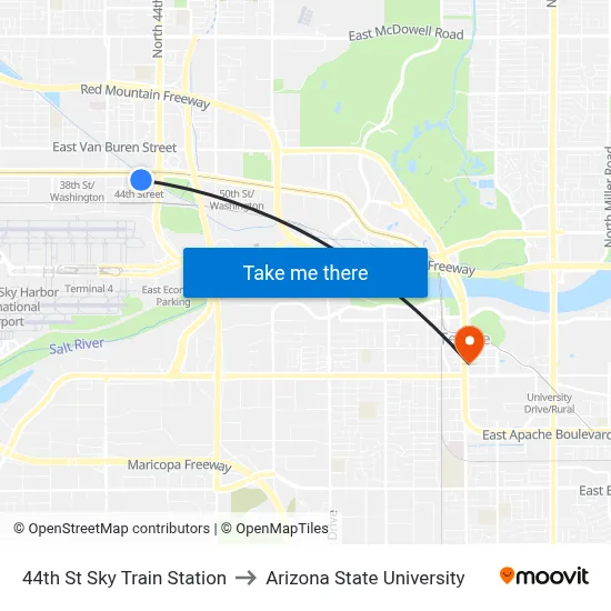 44th St Sky Train Station to Arizona State University map